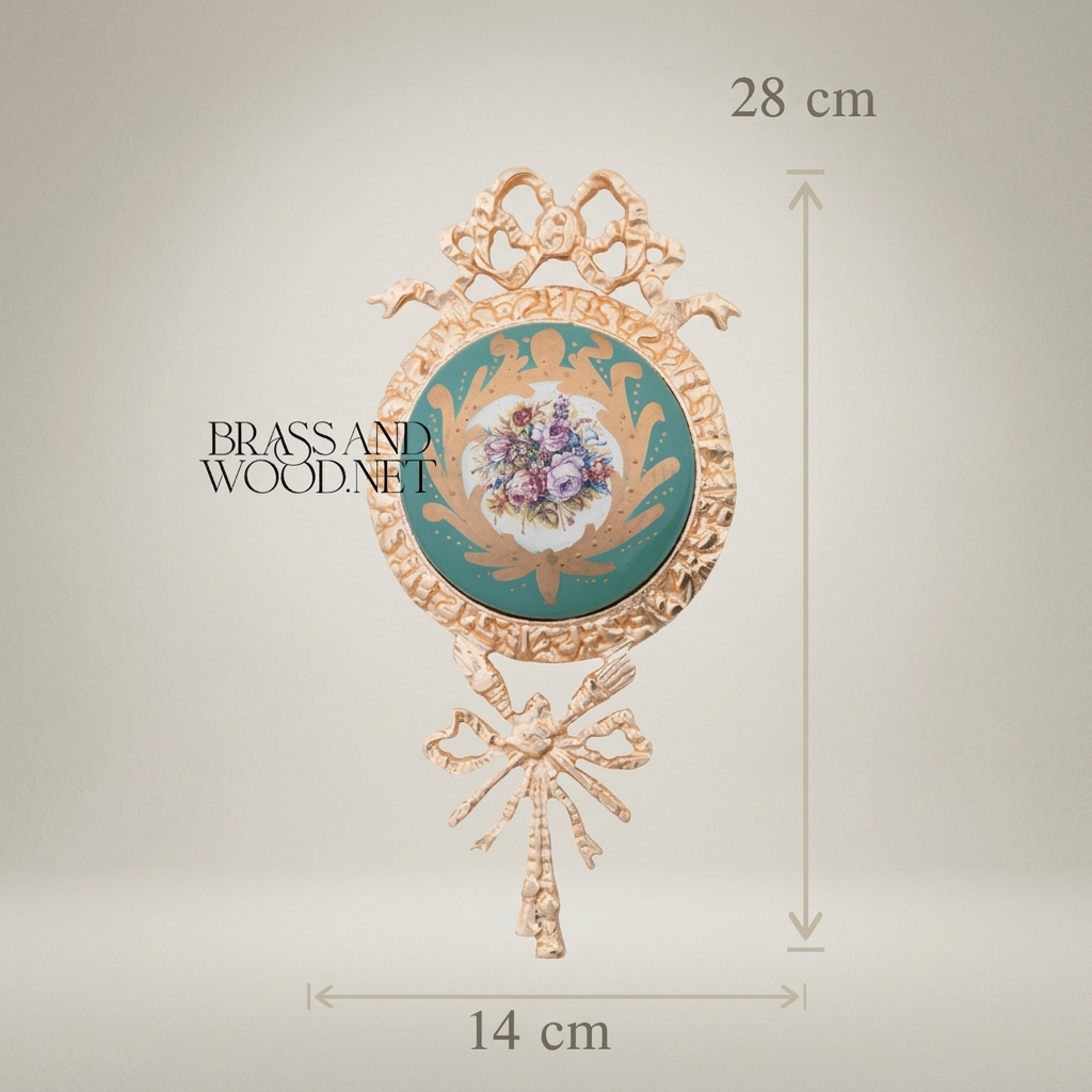 Rococo Brass Wall Medallion with Turquoise Floral Ceramic Centre - Ribbon & Acanthus Frame — Gold