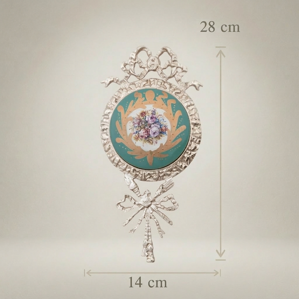 Rococo Brass Wall Medallion with Turquoise Floral Ceramic Centre - Ribbon & Acanthus Frame — Silver