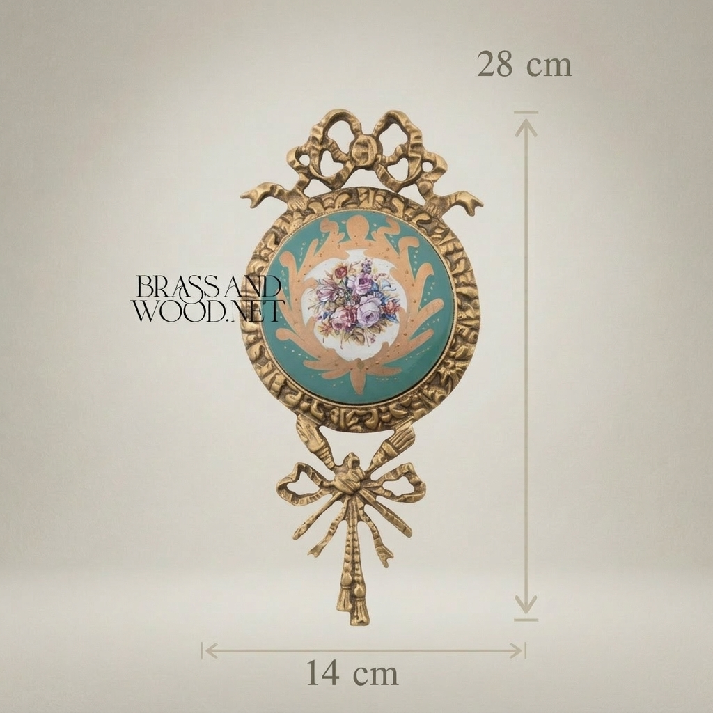 Rococo Brass Wall Medallion with Turquoise Floral Ceramic Centre - Ribbon & Acanthus Frame — Antique Gold