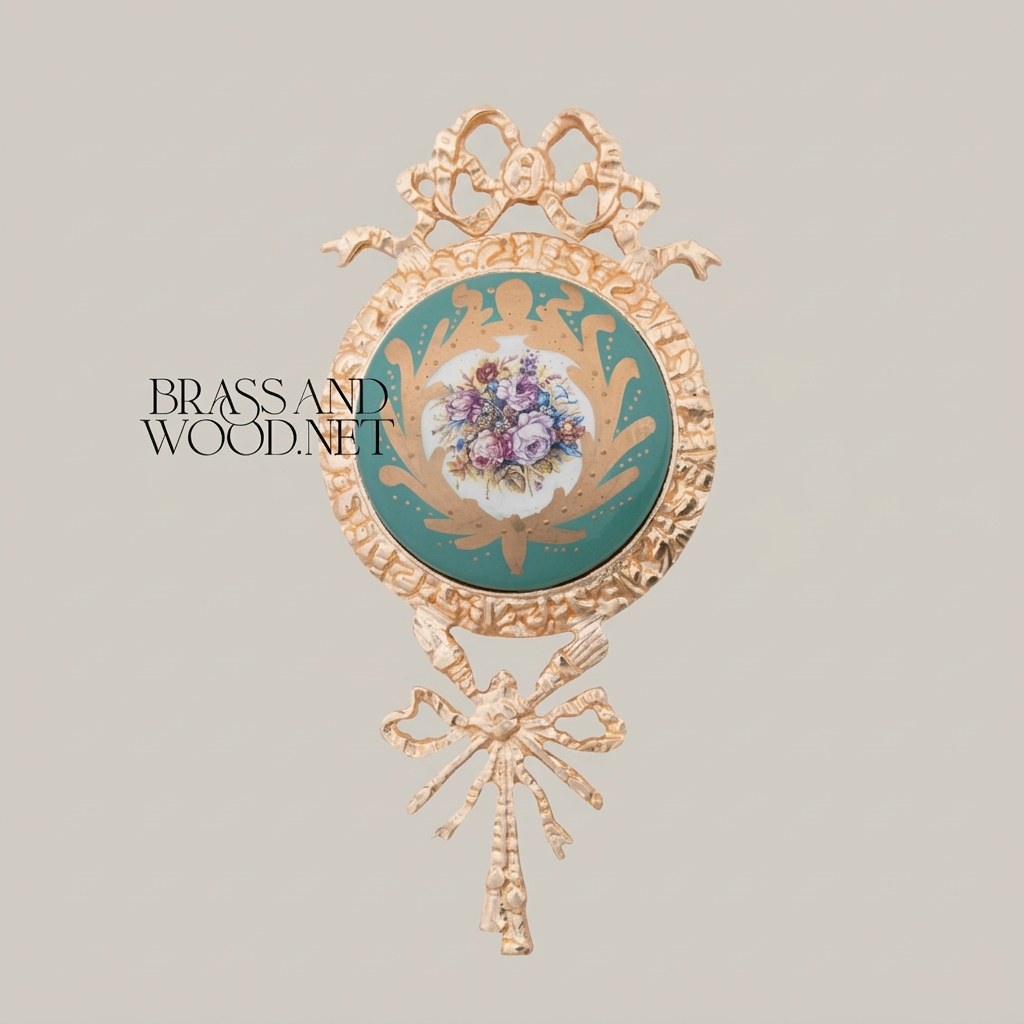 Rococo Brass Wall Medallion with Turquoise Floral Ceramic Centre - Ribbon & Acanthus Frame