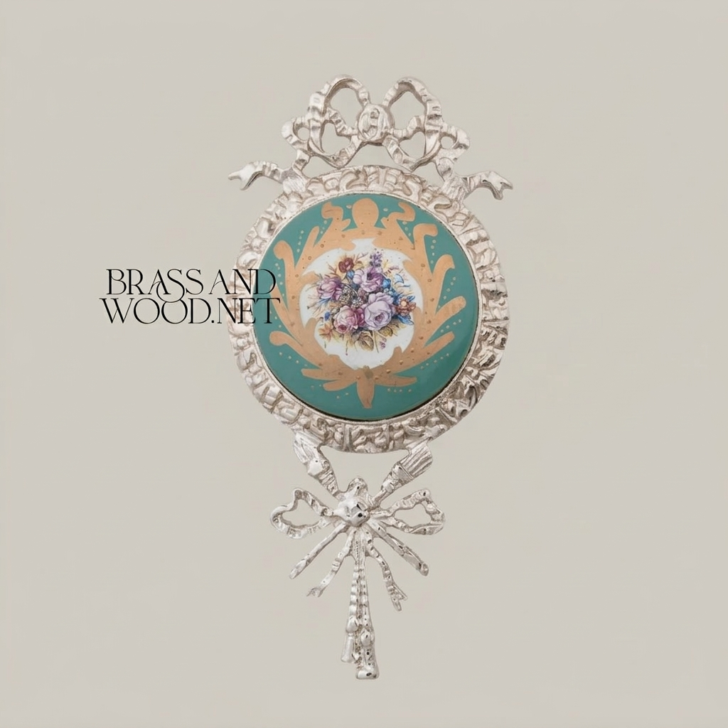 Rococo Brass Wall Medallion with Turquoise Floral Ceramic Centre - Ribbon & Acanthus Frame — Silver