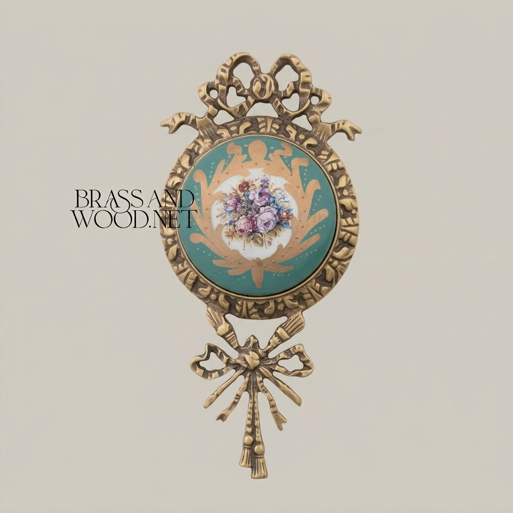 Rococo Brass Wall Medallion with Turquoise Floral Ceramic Centre - Ribbon & Acanthus Frame — Antique Gold