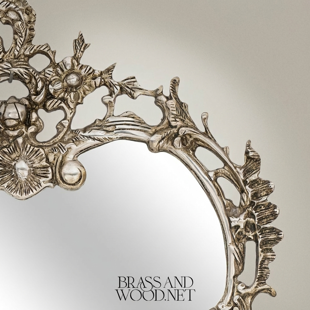 Rococo Brass Wall Mirror with Twin Candle Sconces and Cherub Crest — Silver