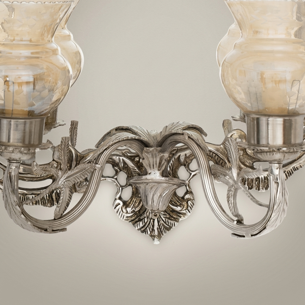 Rococo Brass Wall Mirror with Twin Candle Sconces and Cherub Crest — Silver