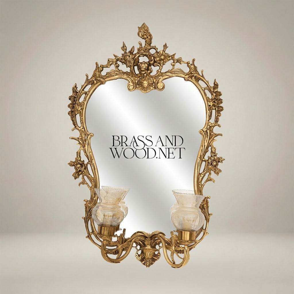 Rococo Brass Wall Mirror with Twin Candle Sconces and Cherub Crest — Gold