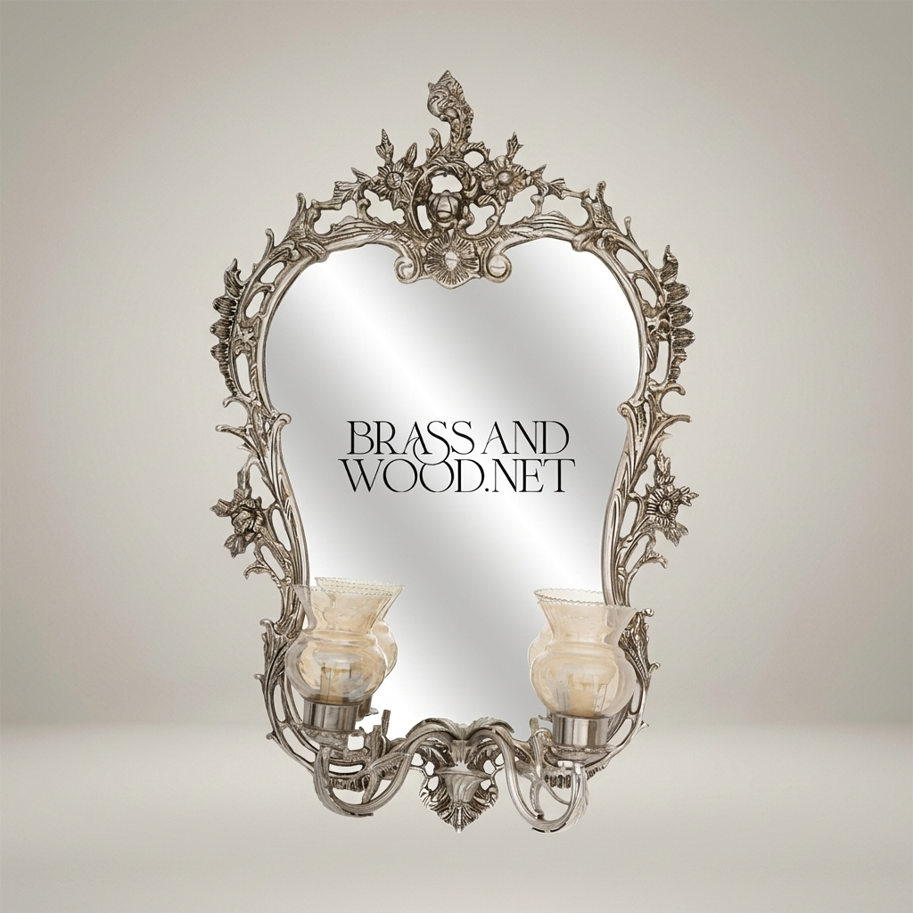 Rococo Brass Wall Mirror with Twin Candle Sconces and Cherub Crest — Silver