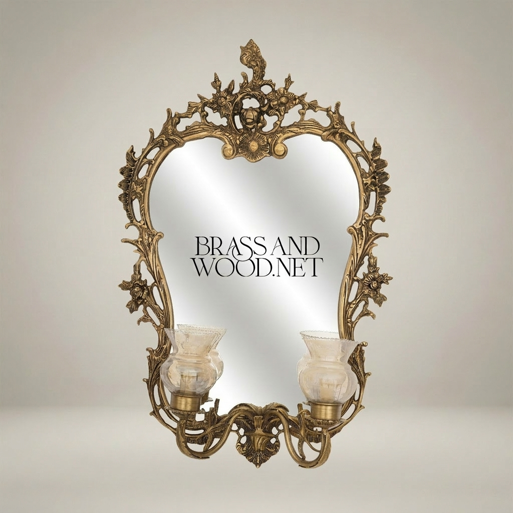 Rococo Brass Wall Mirror with Twin Candle Sconces and Cherub Crest — Antique Gold