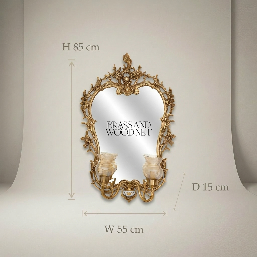 Rococo Brass Wall Mirror with Twin Candle Sconces and Cherub Crest — Gold