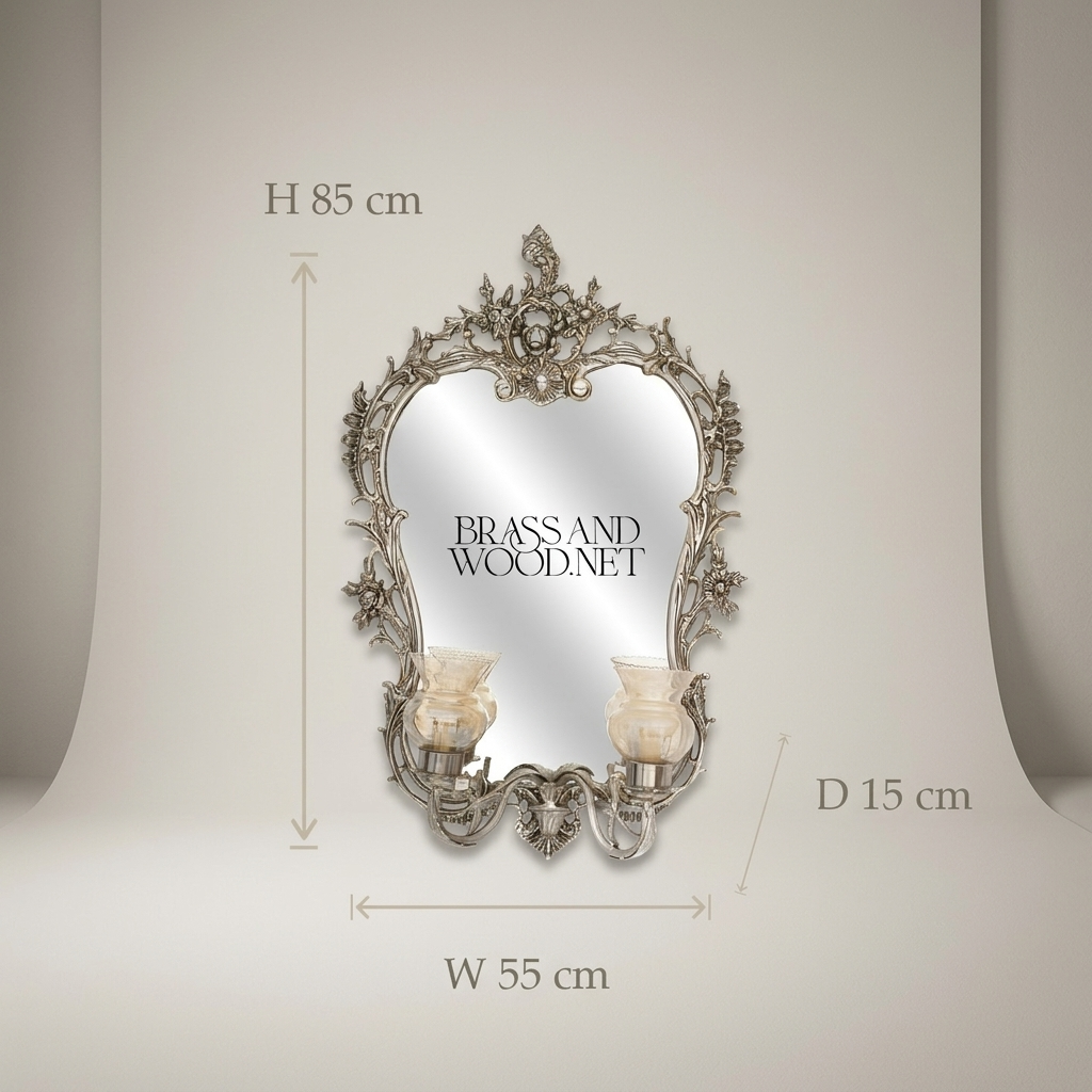 Rococo Brass Wall Mirror with Twin Candle Sconces and Cherub Crest — Silver