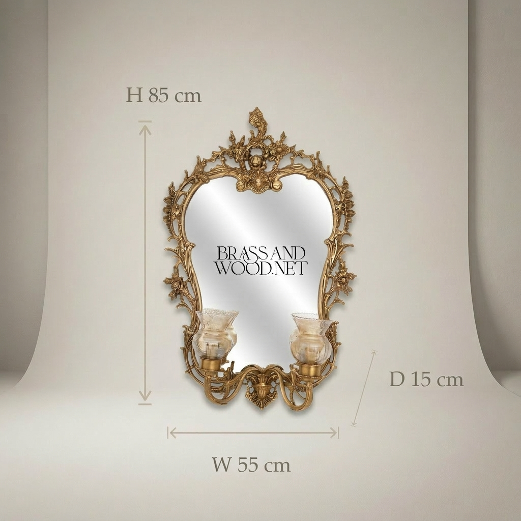 Rococo Brass Wall Mirror with Twin Candle Sconces and Cherub Crest — Antique Gold