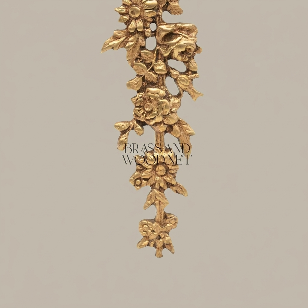 Rococo Brass Wall Ornament - Cascading Floral Bouquet with Ribbon Bow — Antique Gold