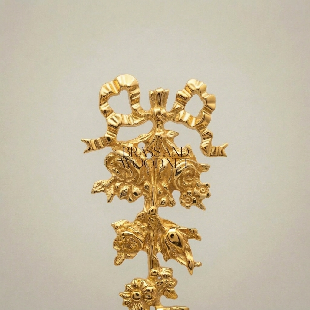 Rococo Brass Wall Ornament - Cascading Floral Bouquet with Ribbon Bow — Gold