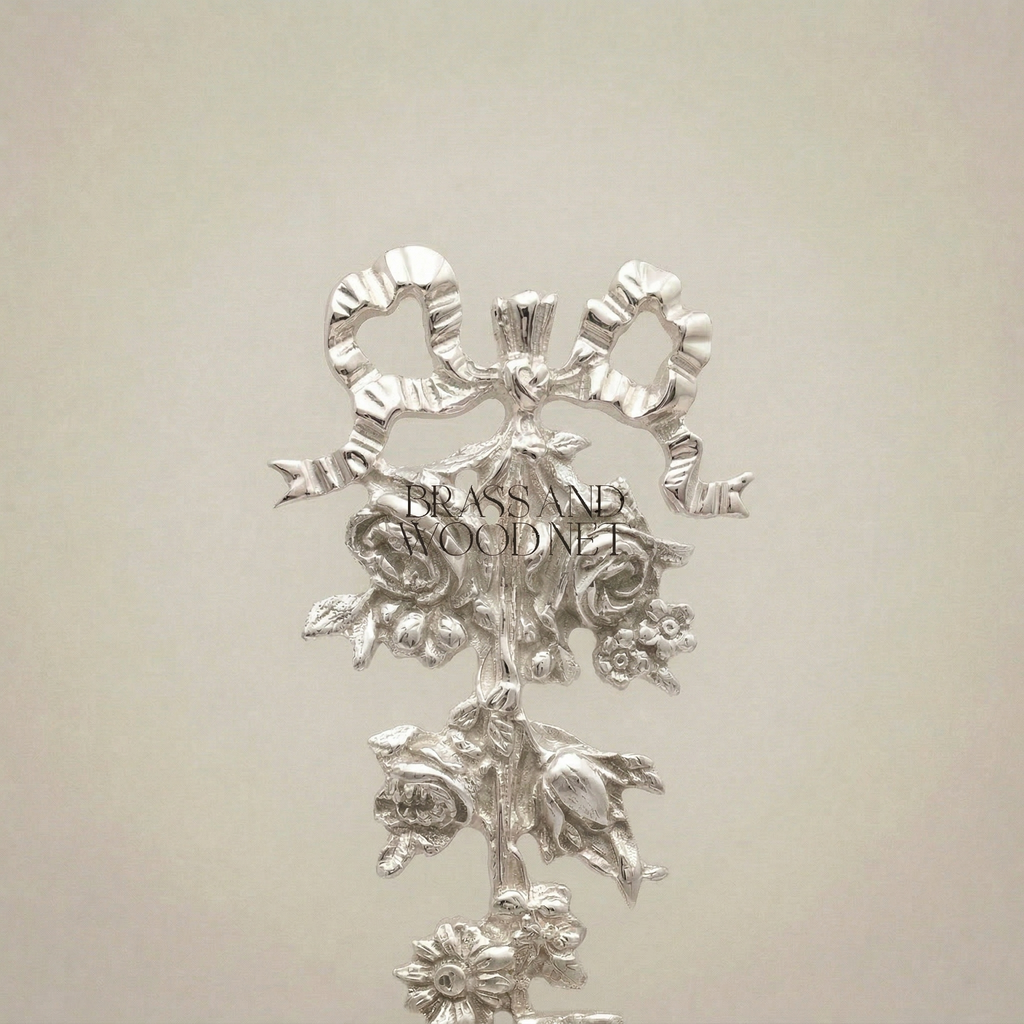 Rococo Brass Wall Ornament - Cascading Floral Bouquet with Ribbon Bow — Silver