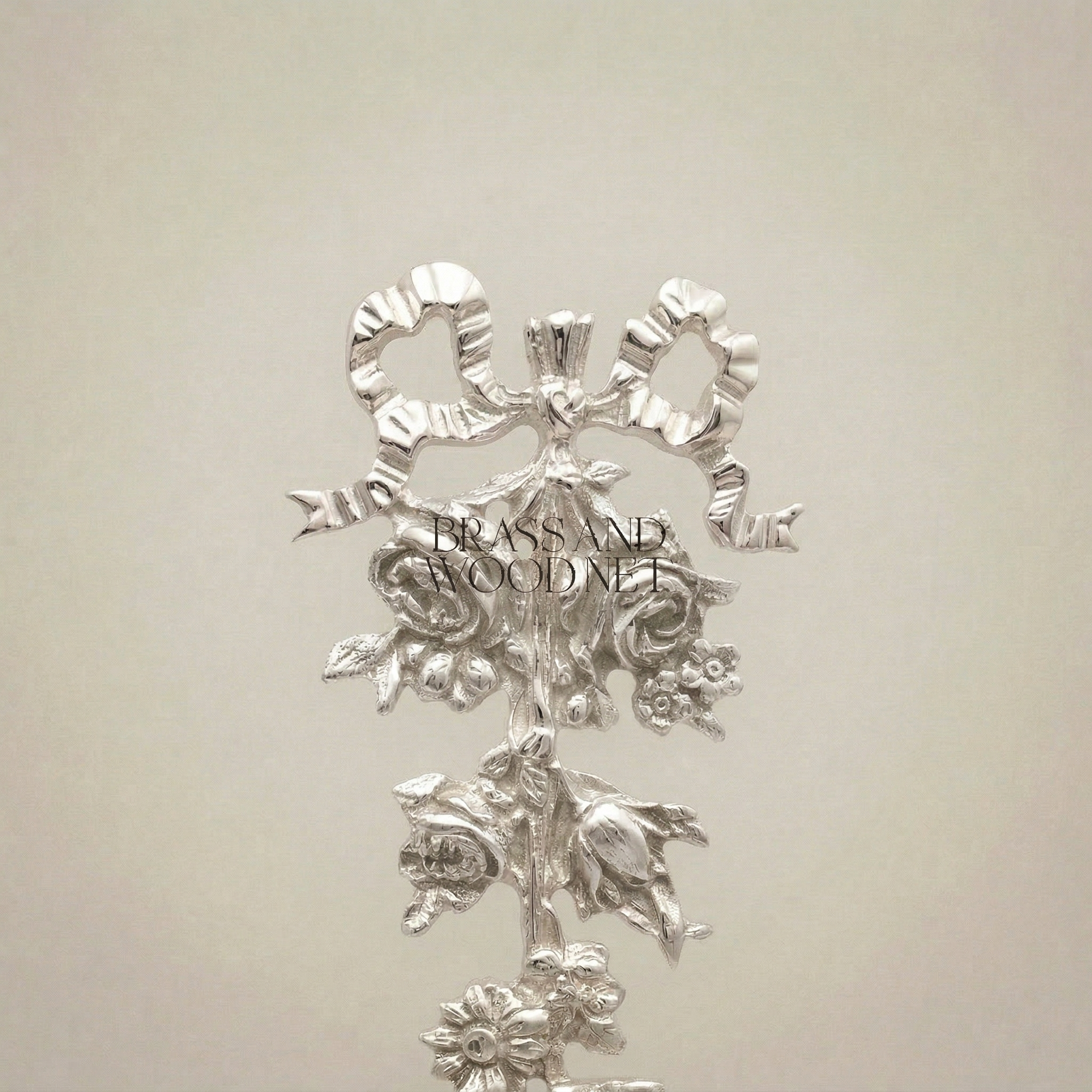 Rococo Brass Wall Ornament - Cascading Floral Bouquet with Ribbon Bow — Silver