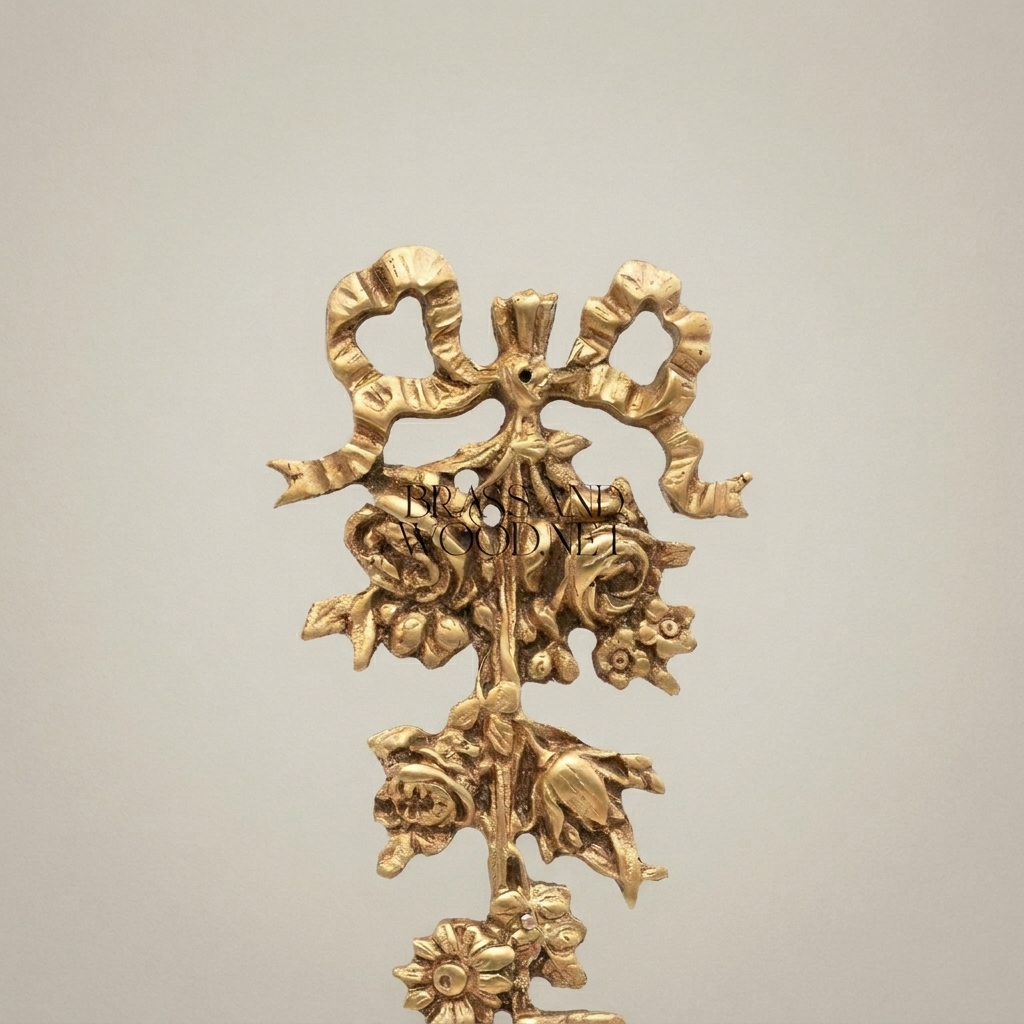 Rococo Brass Wall Ornament - Cascading Floral Bouquet with Ribbon Bow — Antique Gold