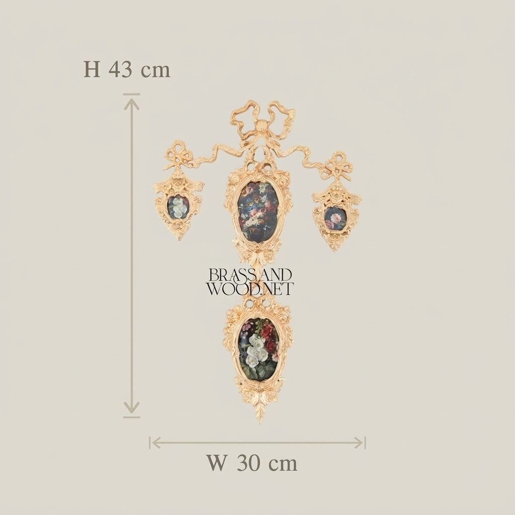 Rococo Brass Wall Ornament with Cascading Oval Frames & Floral Paintings — Gold