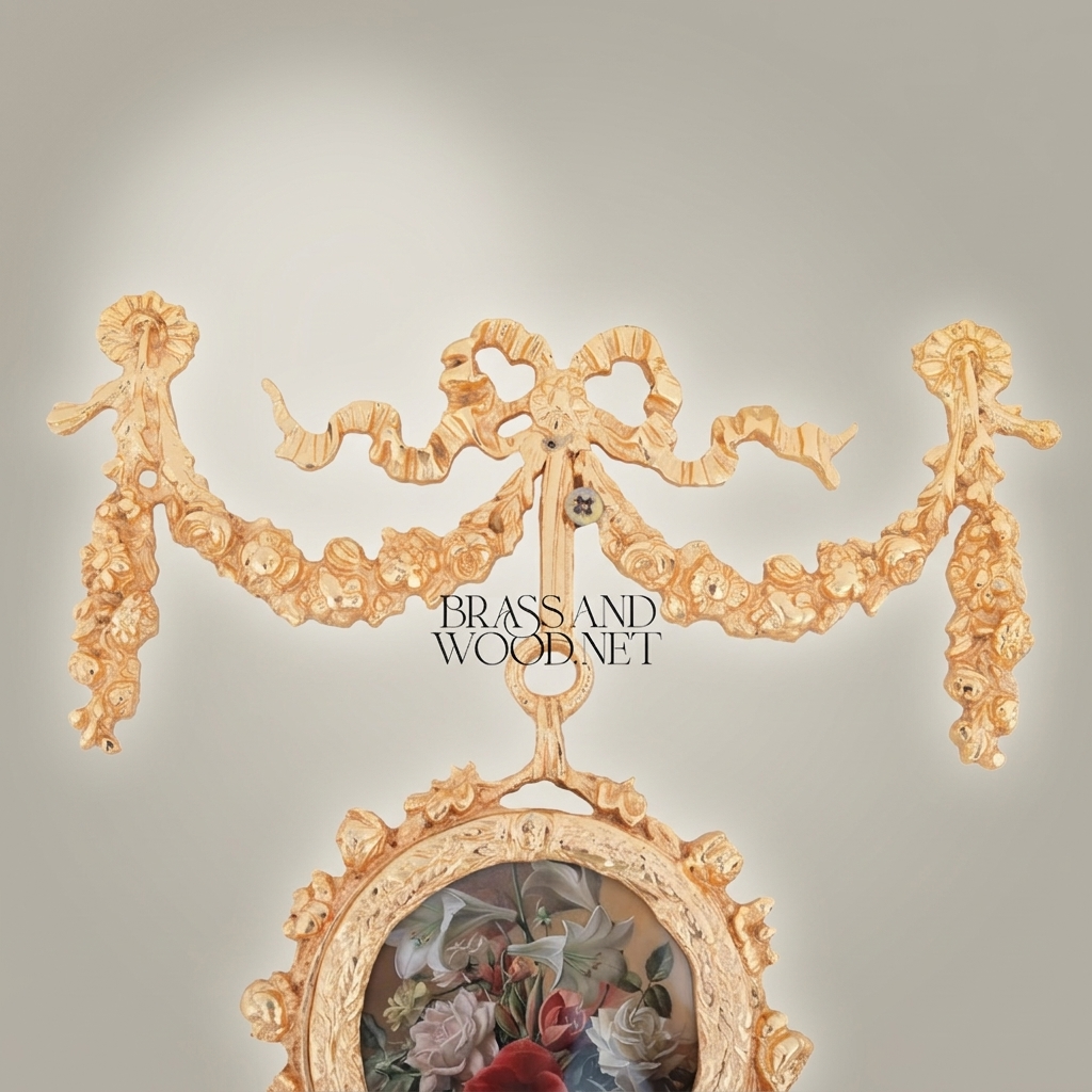Rococo Brass Wall Ornament with Cascading Oval Frames & Floral Paintings — Gold