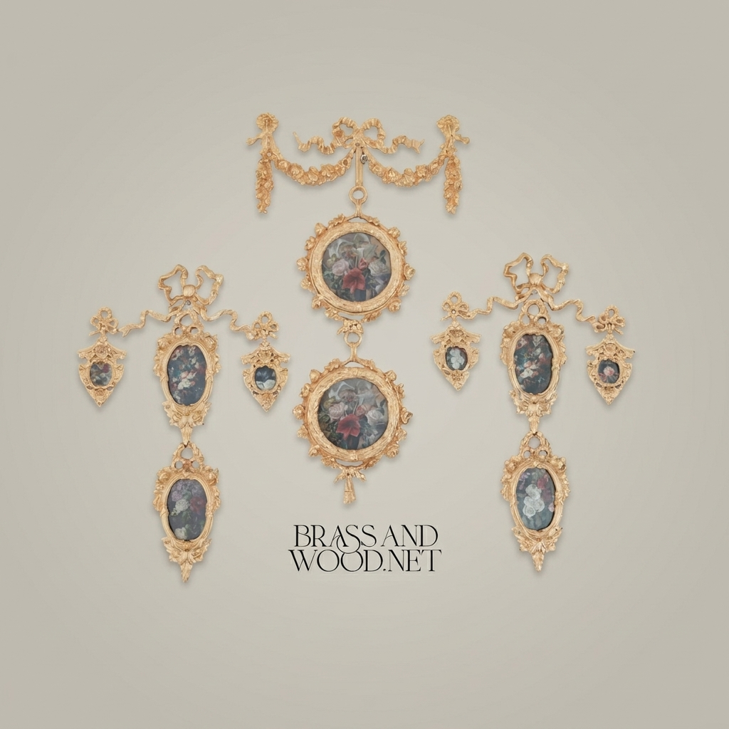 Rococo Brass Wall Ornament with Cascading Oval Frames & Floral Paintings
