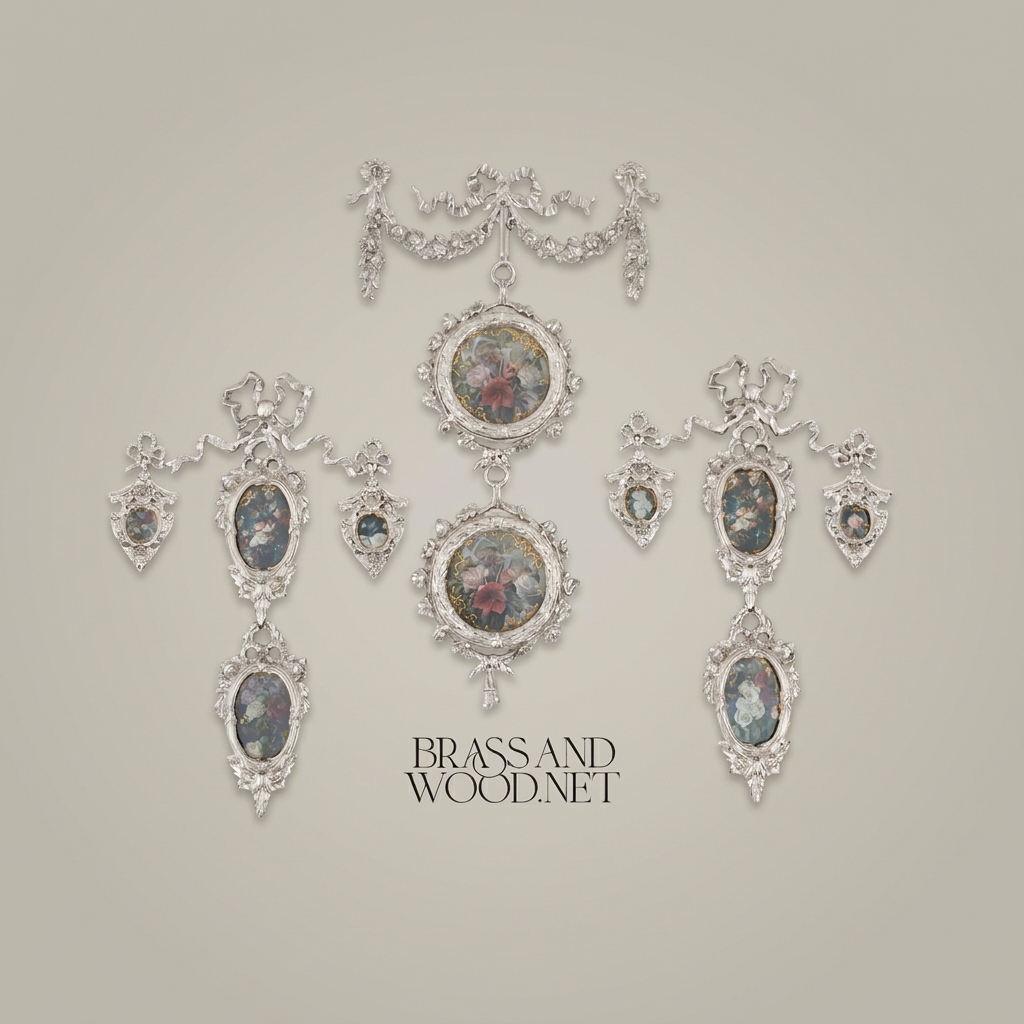 Rococo Brass Wall Ornament with Cascading Oval Frames & Floral Paintings — Silver