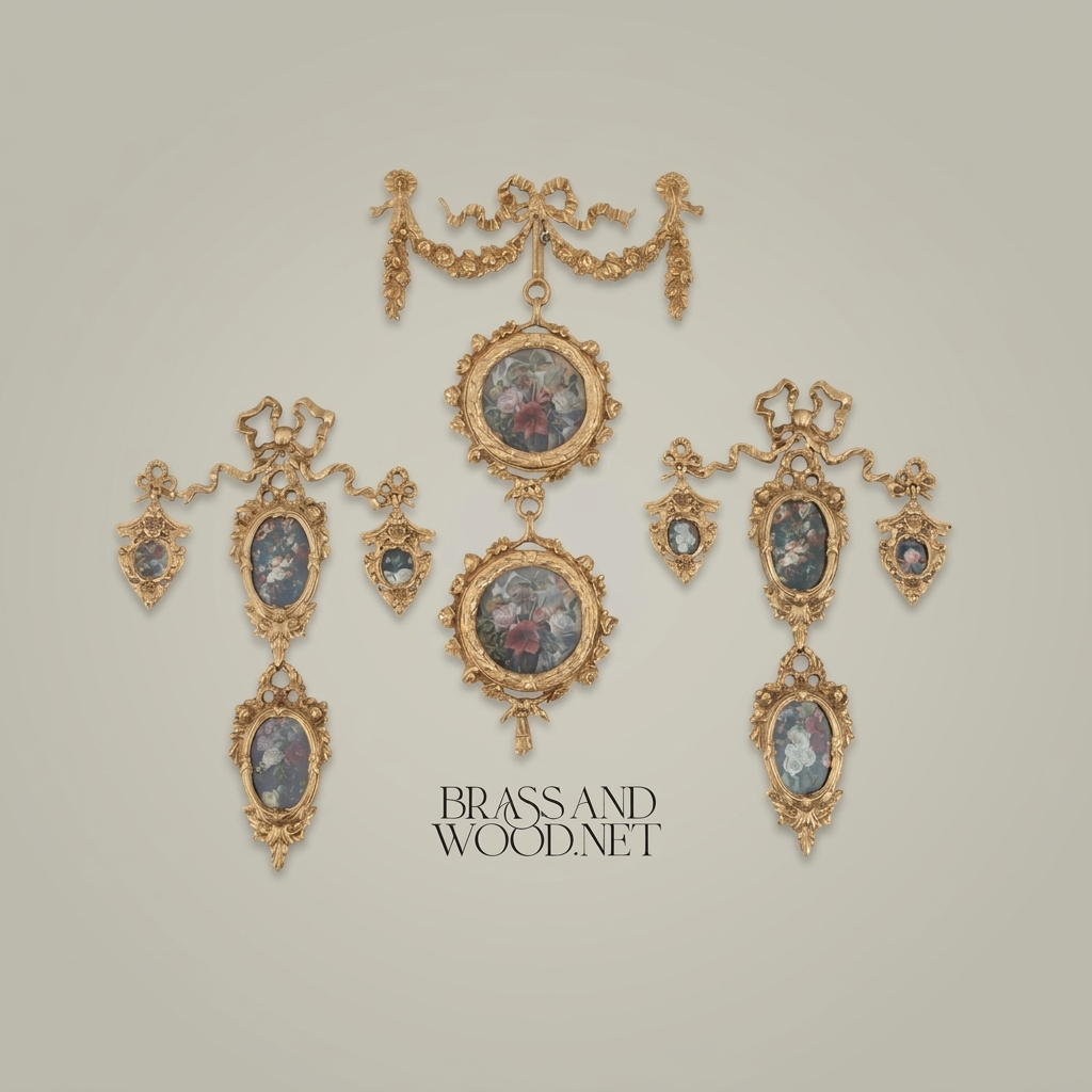 Rococo Brass Wall Ornament with Cascading Oval Frames & Floral Paintings — Antique Gold