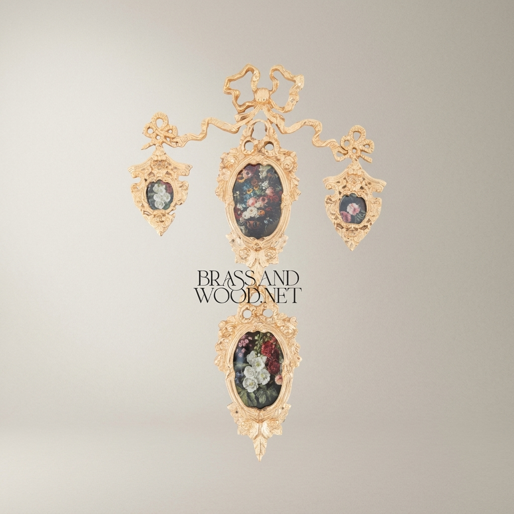 Rococo Brass Wall Ornament with Cascading Oval Frames & Floral Paintings