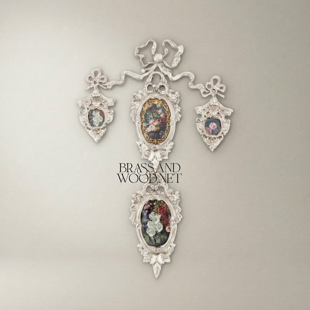 Rococo Brass Wall Ornament with Cascading Oval Frames & Floral Paintings — Silver