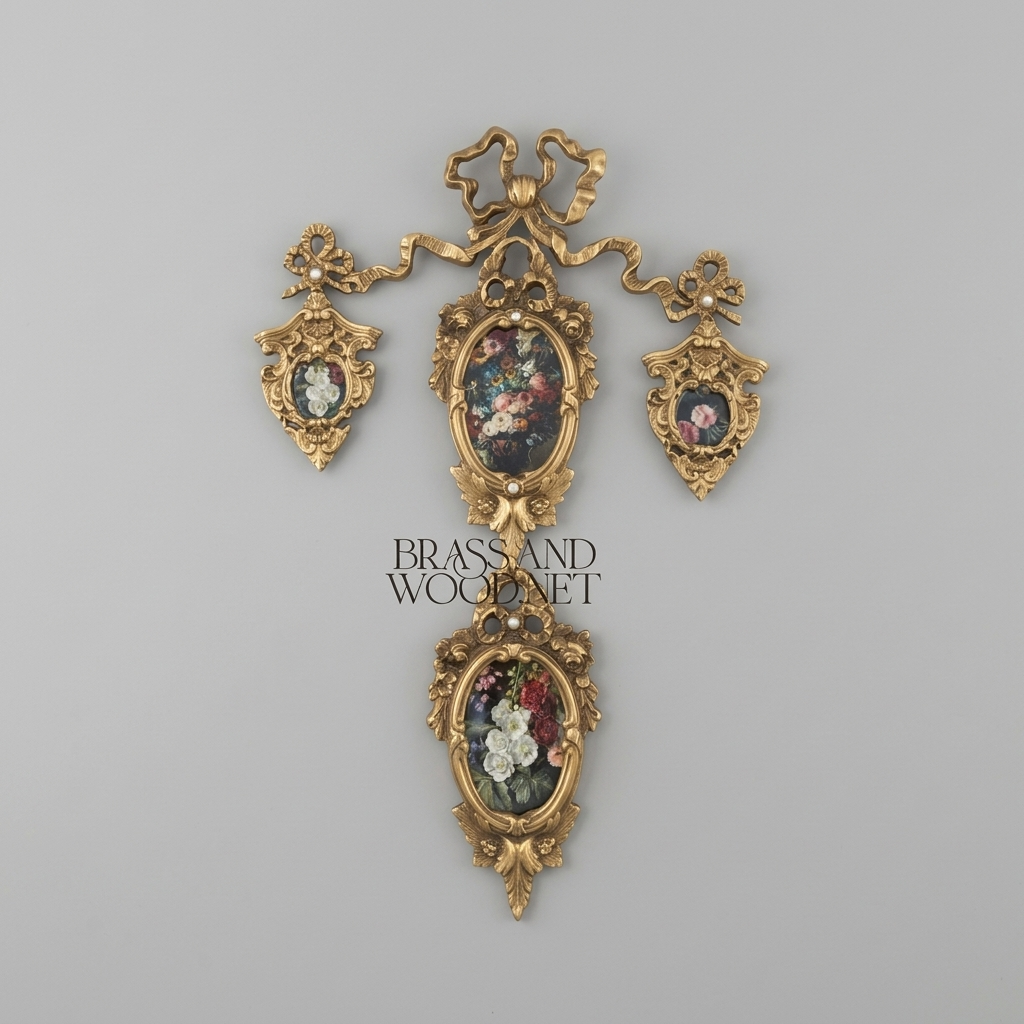 Rococo Brass Wall Ornament with Cascading Oval Frames & Floral Paintings — Antique Gold