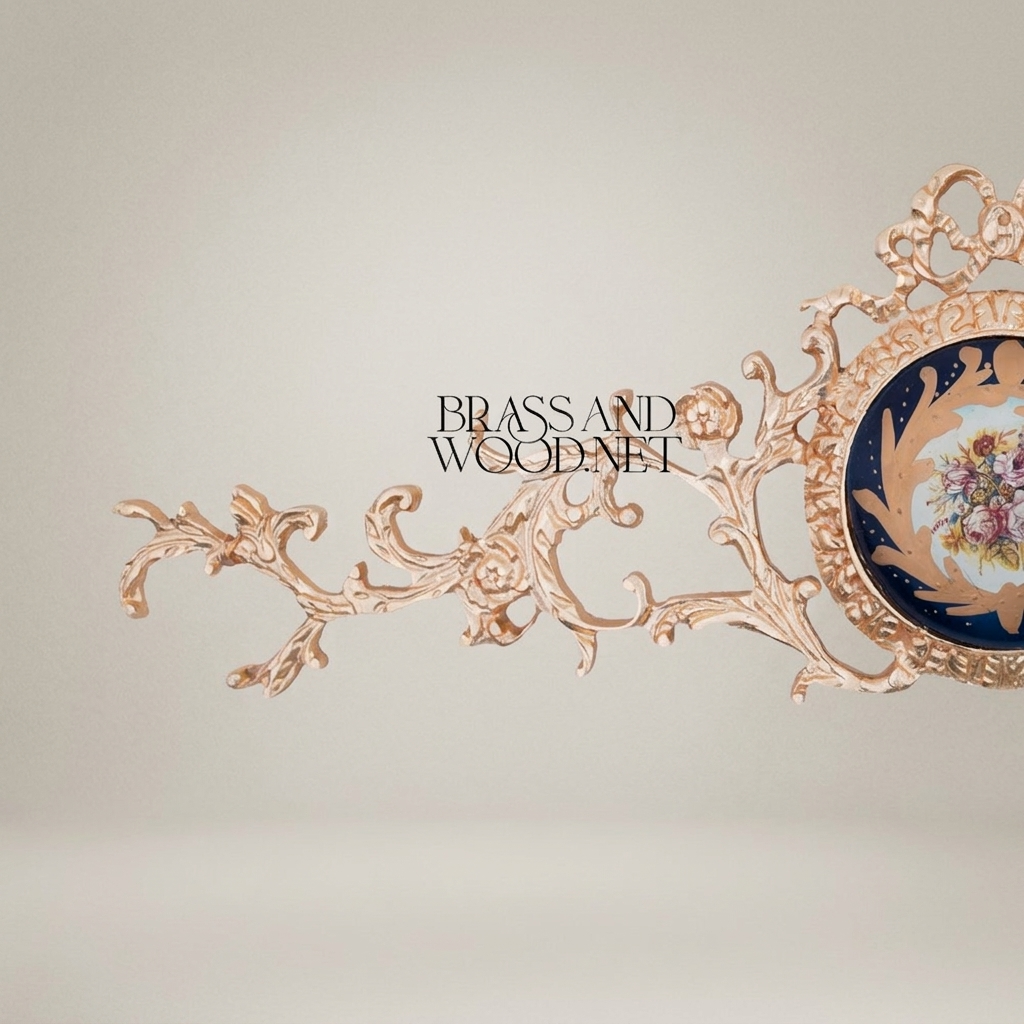 Rococo Brass Wall Ornament with Navy Blue Floral Medallion - Horizontal Scroll