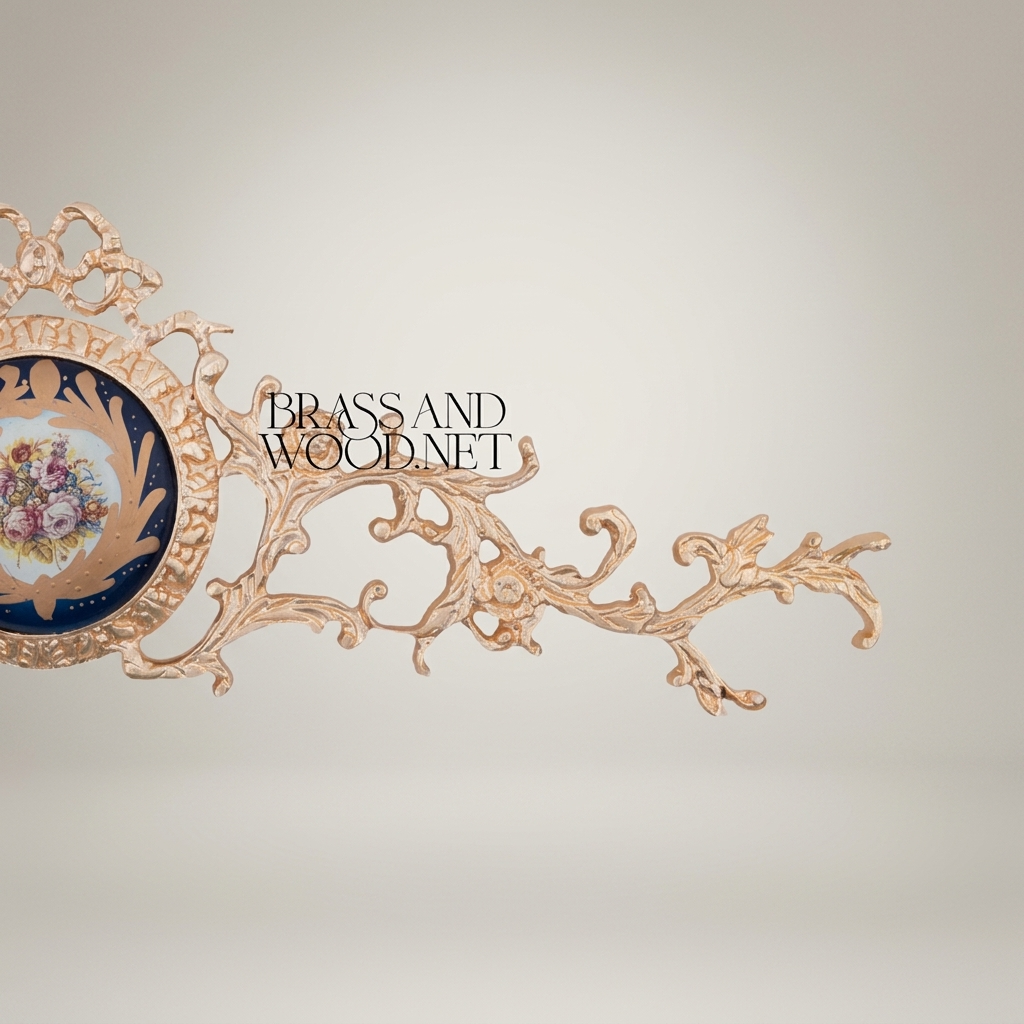 Rococo Brass Wall Ornament with Navy Blue Floral Medallion - Horizontal Scroll
