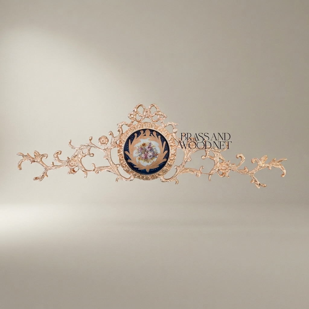 Rococo Brass Wall Ornament with Navy Blue Floral Medallion - Horizontal Scroll — Gold