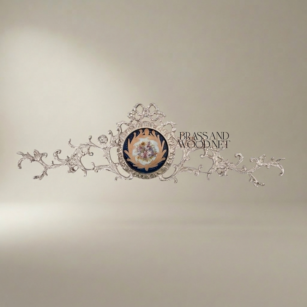 Rococo Brass Wall Ornament with Navy Blue Floral Medallion - Horizontal Scroll — Silver