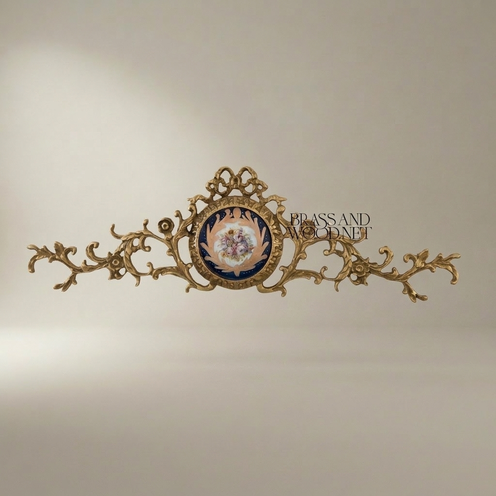 Rococo Brass Wall Ornament with Navy Blue Floral Medallion - Horizontal Scroll — Antique Gold
