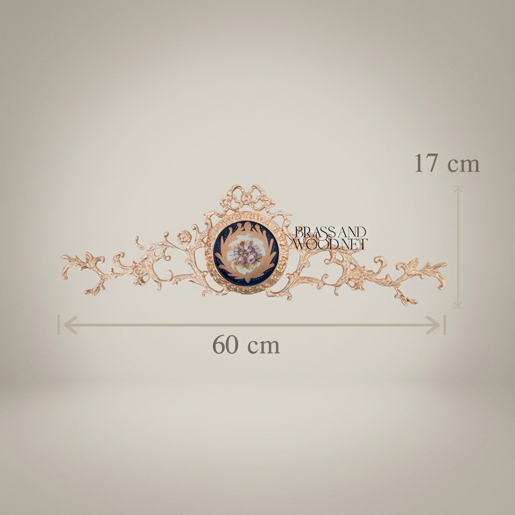 Rococo Brass Wall Ornament with Navy Blue Floral Medallion - Horizontal Scroll — Gold