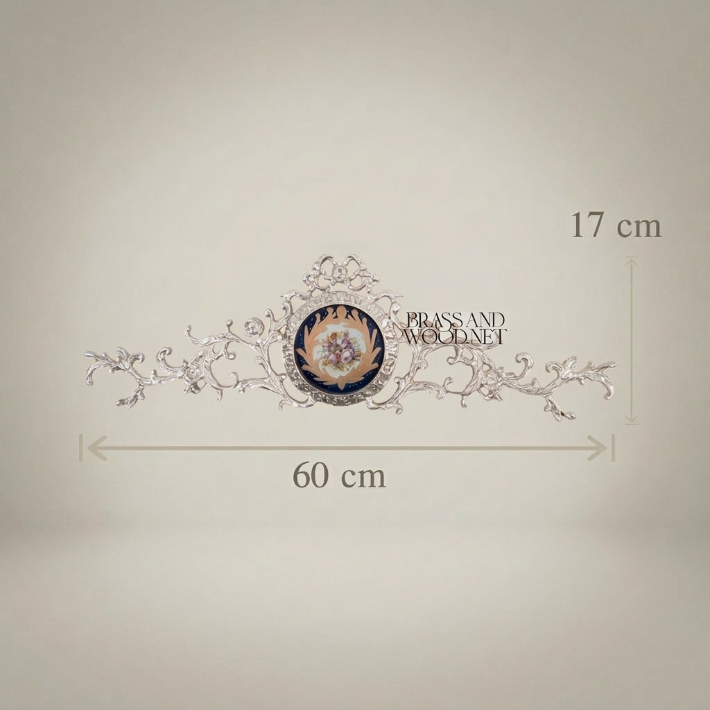 Rococo Brass Wall Ornament with Navy Blue Floral Medallion - Horizontal Scroll — Silver
