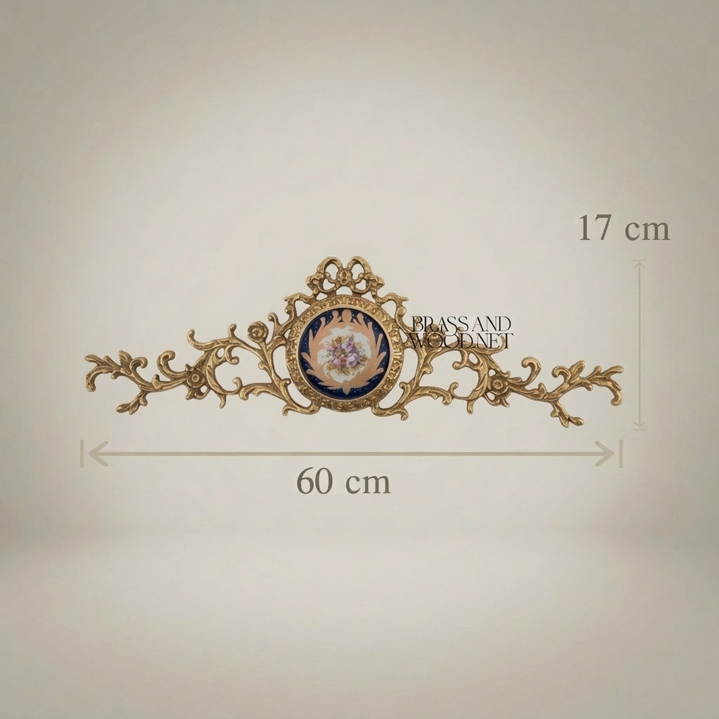 Rococo Brass Wall Ornament with Navy Blue Floral Medallion - Horizontal Scroll — Antique Gold