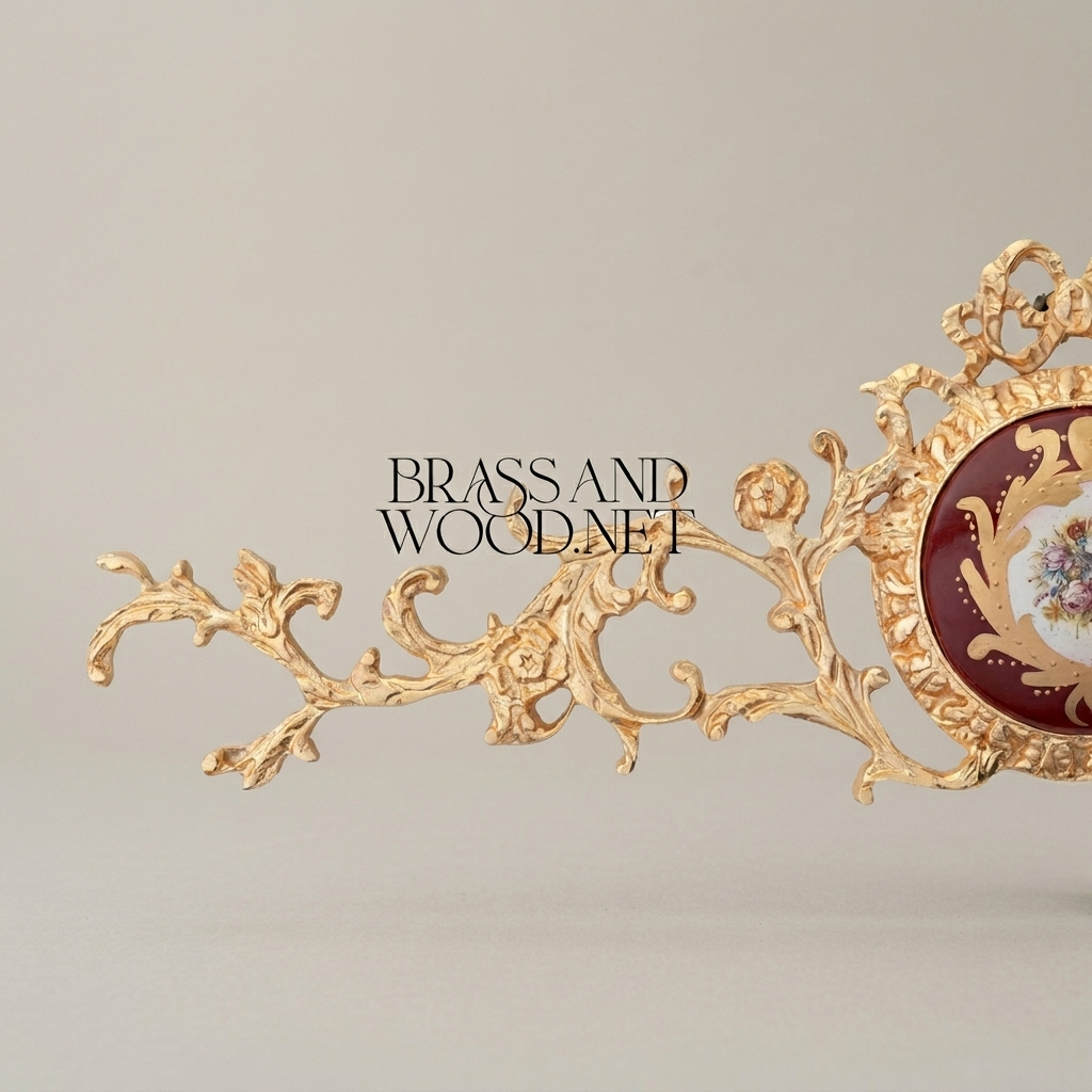 Rococo Brass Wall Pediment with Porcelain Medallion — Acanthus Scroll Cresting — Gold