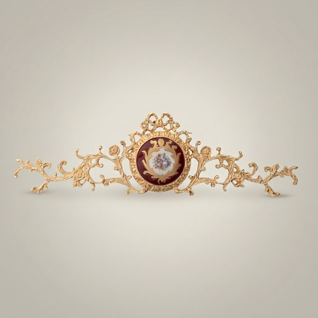 Rococo Brass Wall Pediment with Porcelain Medallion — Acanthus Scroll Cresting