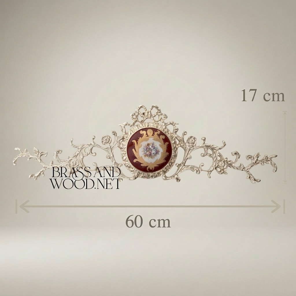 Rococo Brass Wall Pediment with Porcelain Medallion — Acanthus Scroll Cresting — Silver