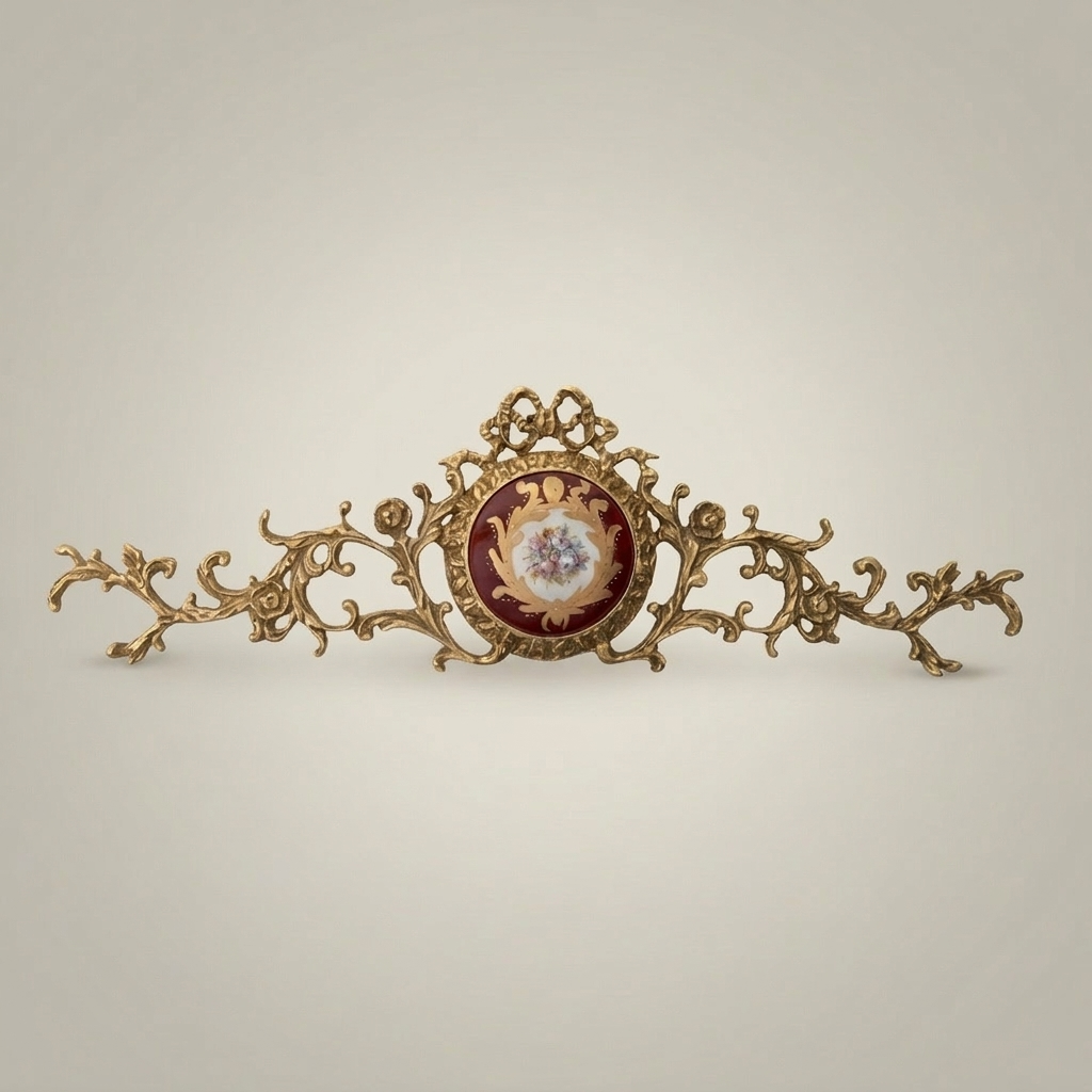 Rococo Brass Wall Pediment with Porcelain Medallion — Acanthus Scroll Cresting — Antique Gold
