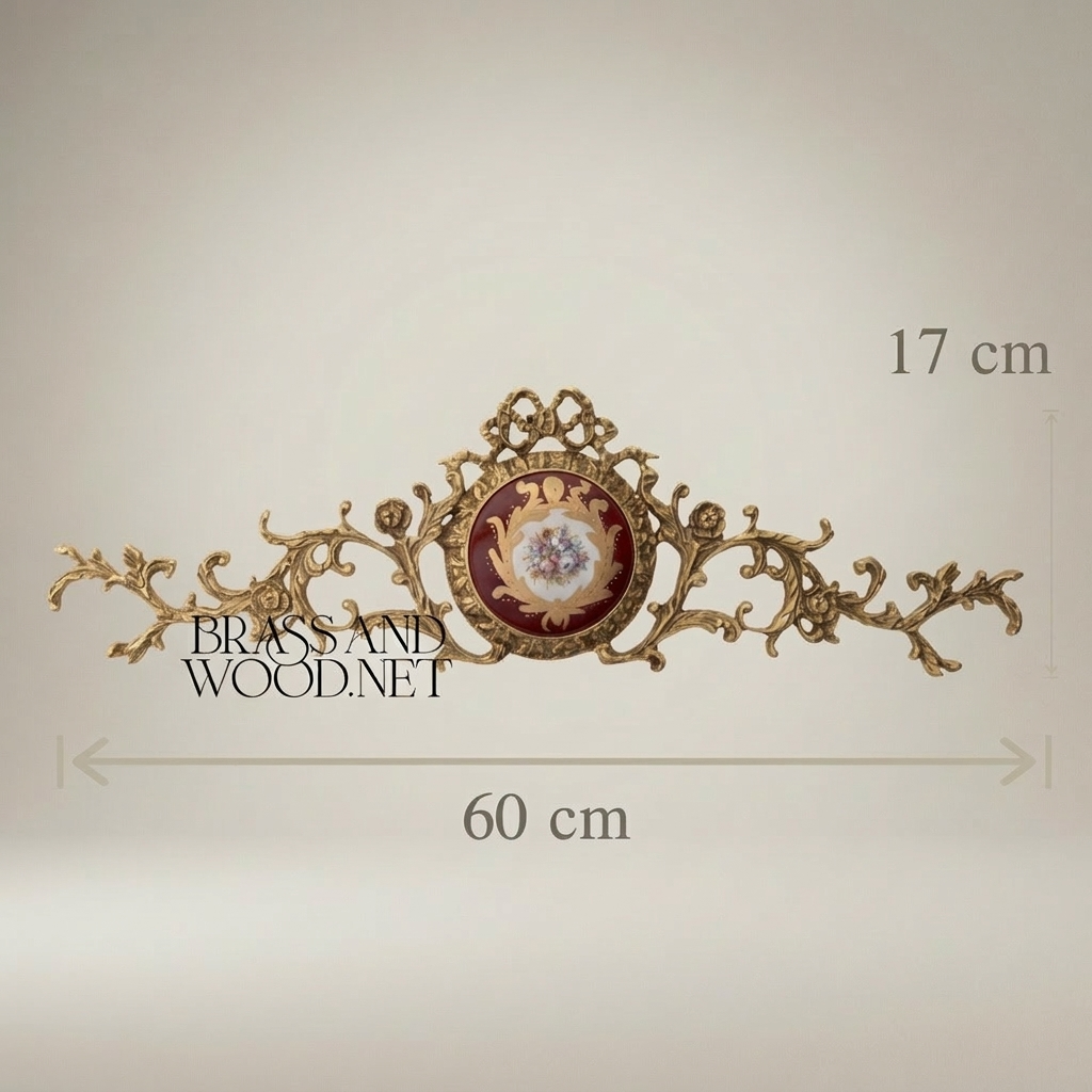 Rococo Brass Wall Pediment with Porcelain Medallion — Acanthus Scroll Cresting — Antique Gold