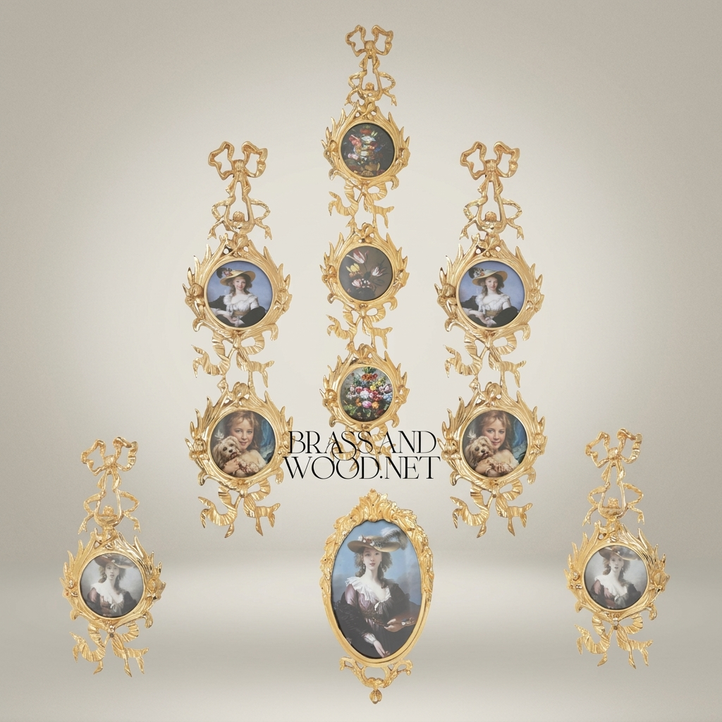 Rococo Brass Wall Photo Frame Set - Cascading Medallion with Ribbon & Acanthus Garland — Gold