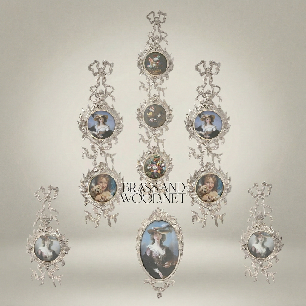Rococo Brass Wall Photo Frame Set - Cascading Medallion with Ribbon & Acanthus Garland — Silver