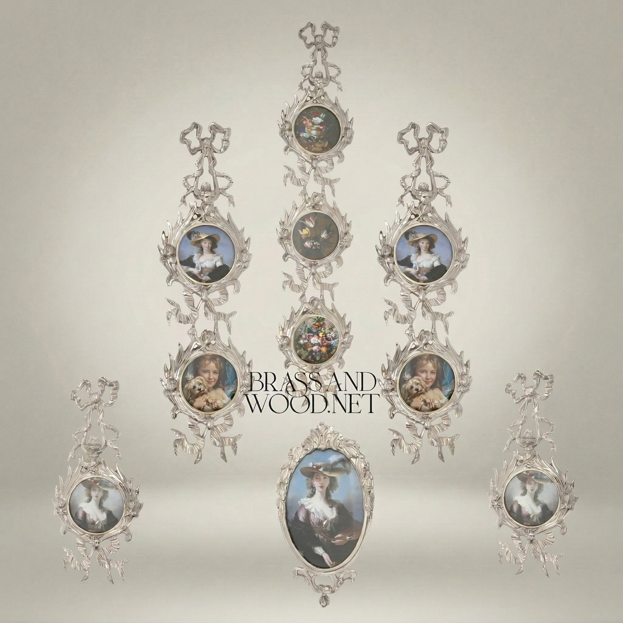 Rococo Brass Wall Photo Frame Set - Cascading Medallion with Ribbon & Acanthus Garland — Silver