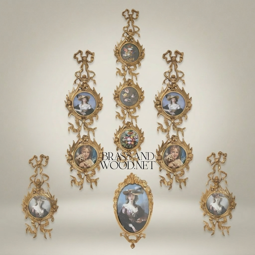 Rococo Brass Wall Photo Frame Set - Cascading Medallion with Ribbon & Acanthus Garland — Antique Gold