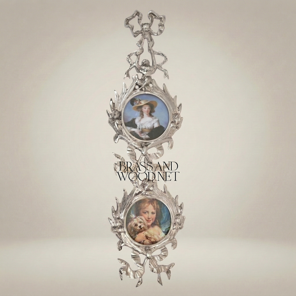 Rococo Brass Wall Photo Frame Set - Cascading Medallion with Ribbon & Acanthus Garland — Silver