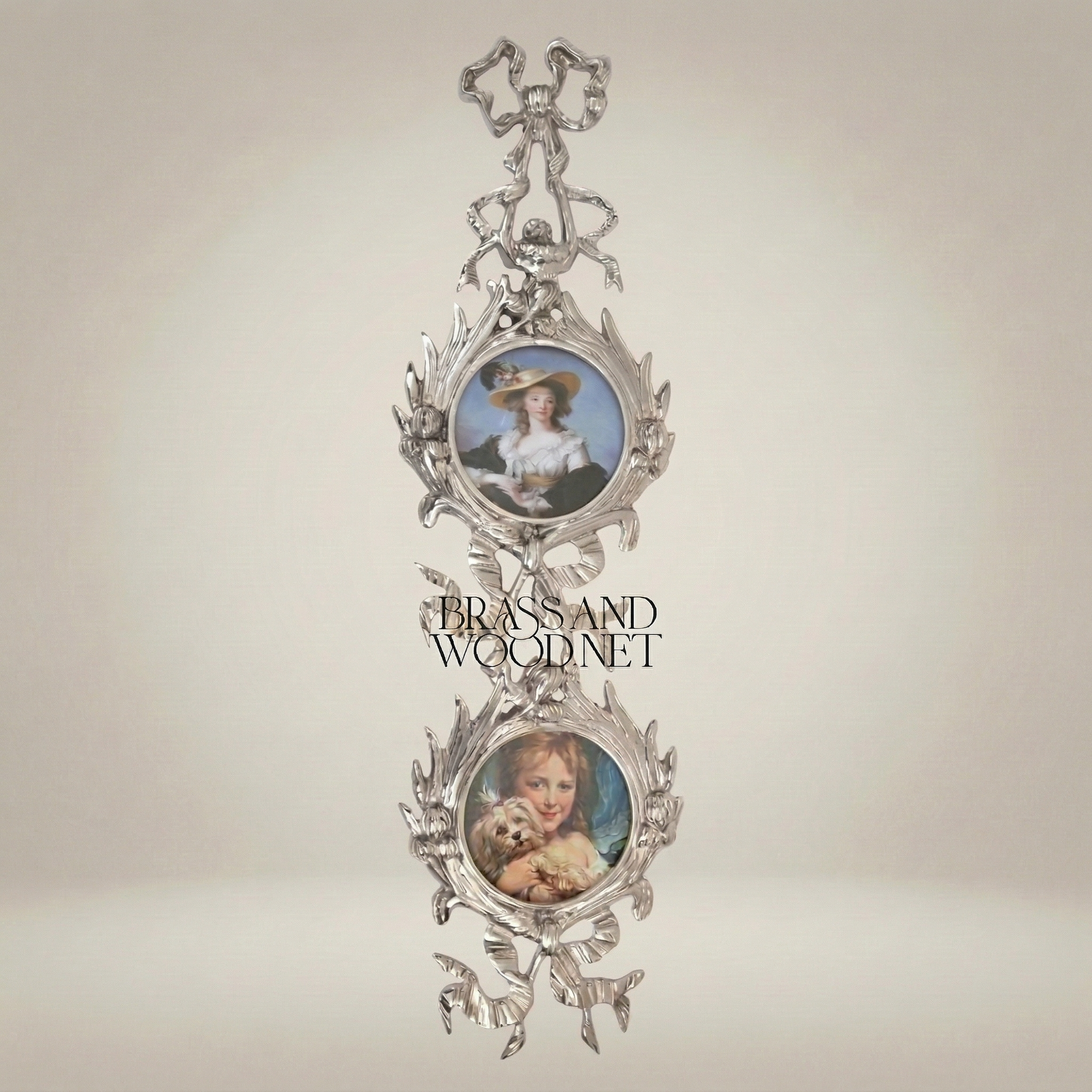 Rococo Brass Wall Photo Frame Set - Cascading Medallion with Ribbon & Acanthus Garland — Silver