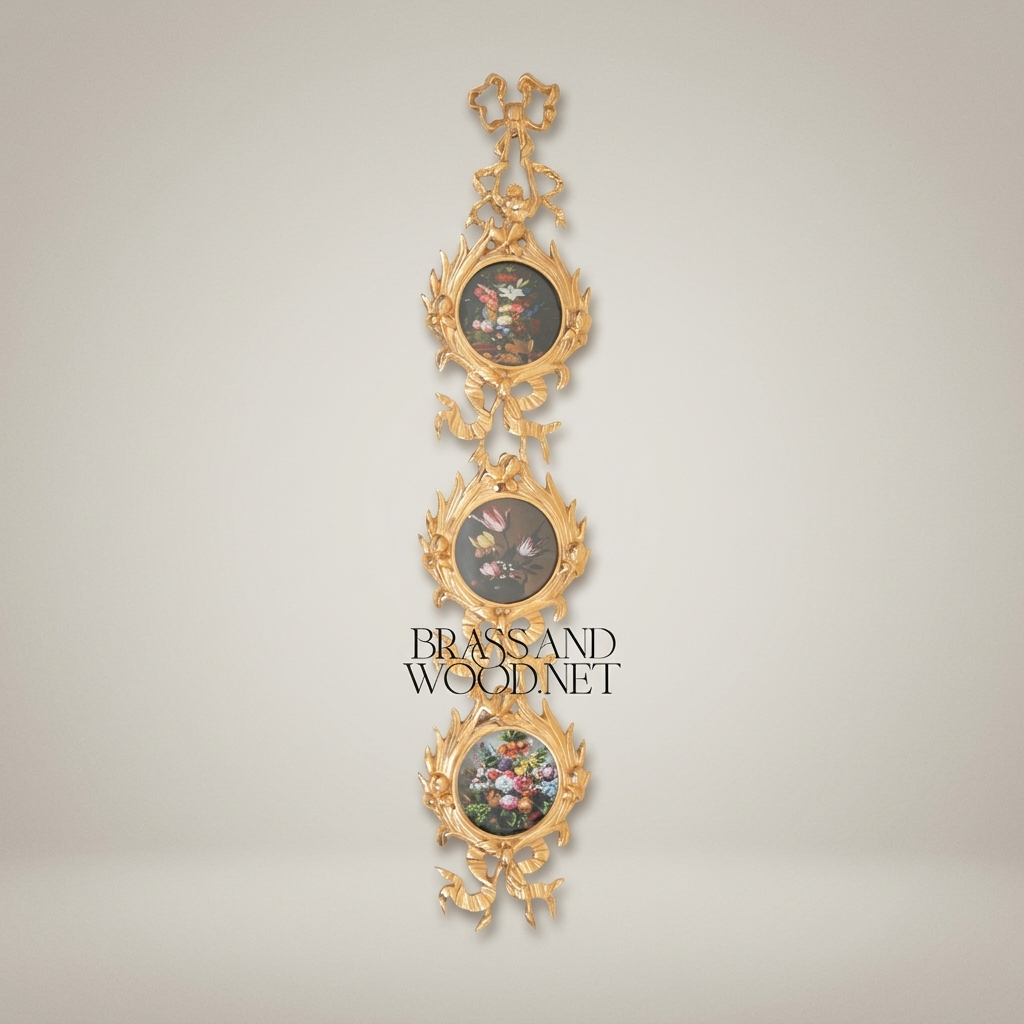 Rococo Brass Wall Picture Frame Chain - Cascading Medallion with Ribbon & Acanthus Crest — Gold