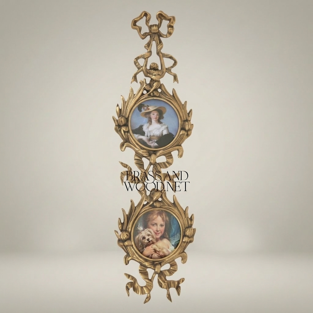 Rococo Brass Wall Picture Frame Chain - Cascading Medallion with Ribbon & Acanthus Crest — Antique Gold