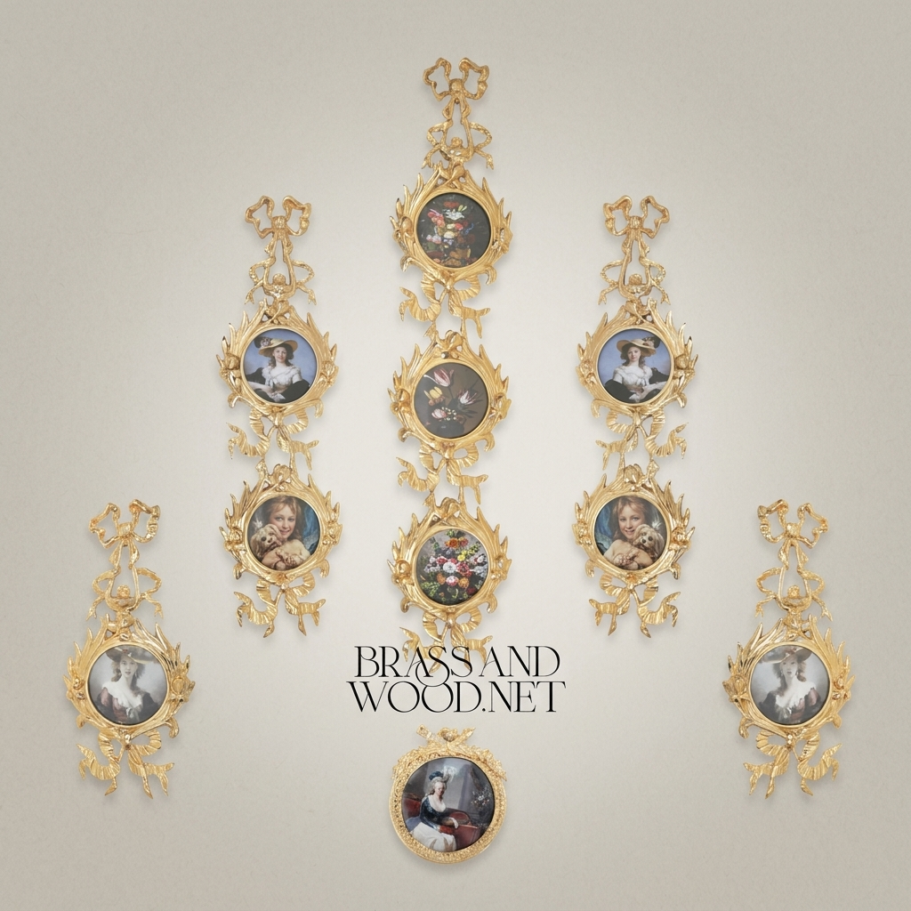 Rococo Brass Wall Picture Frame Chain - Cascading Medallion with Ribbon & Acanthus Crest