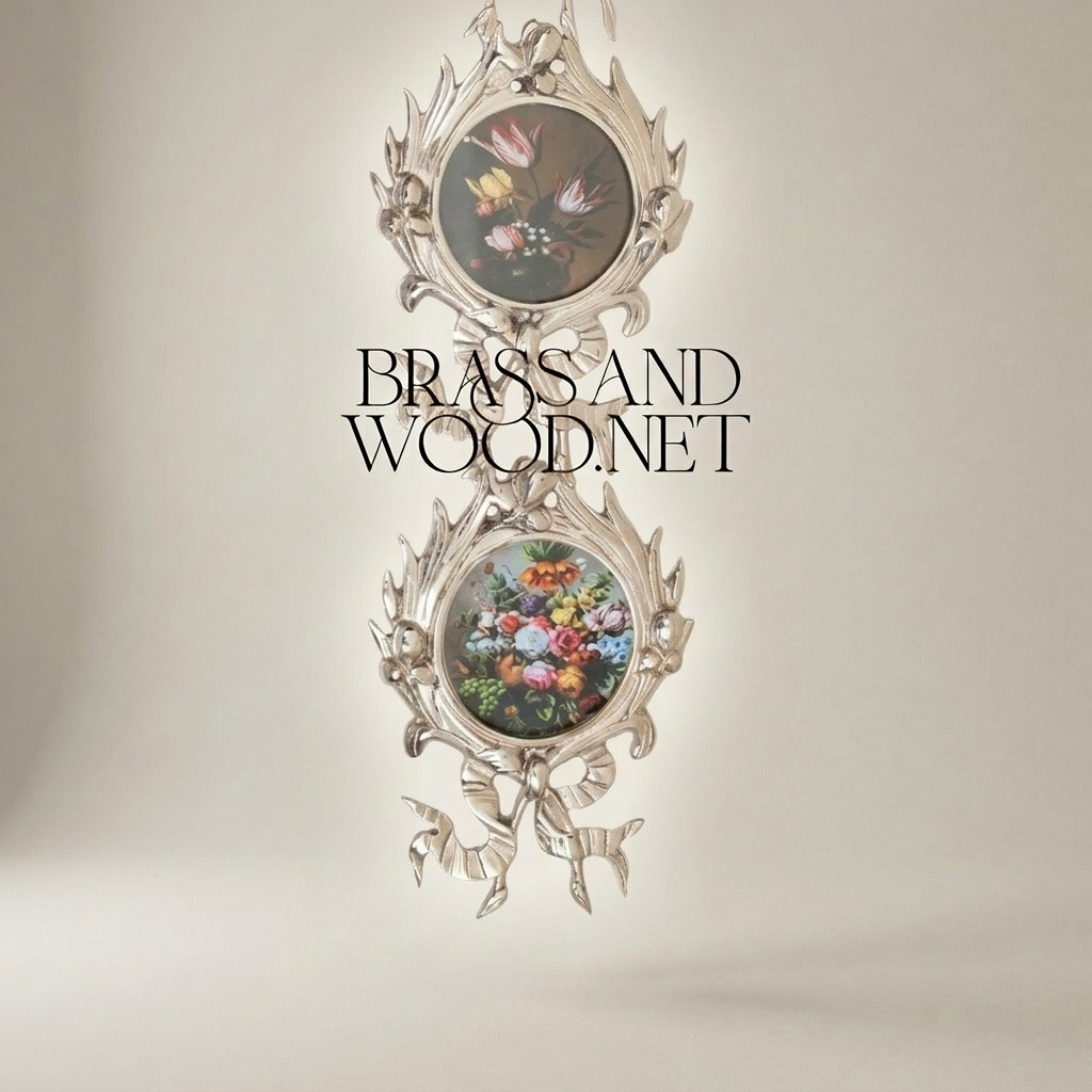 Rococo Brass Wall Picture Frame Chain - Cascading Medallion with Ribbon & Acanthus Crest — Silver